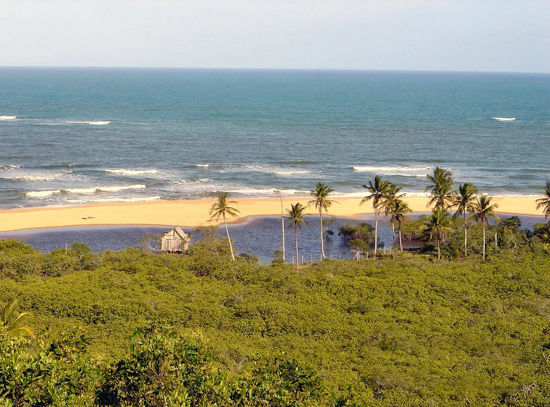 Praia de Trancoso, em Porto Seguro, com coqueiros e mata